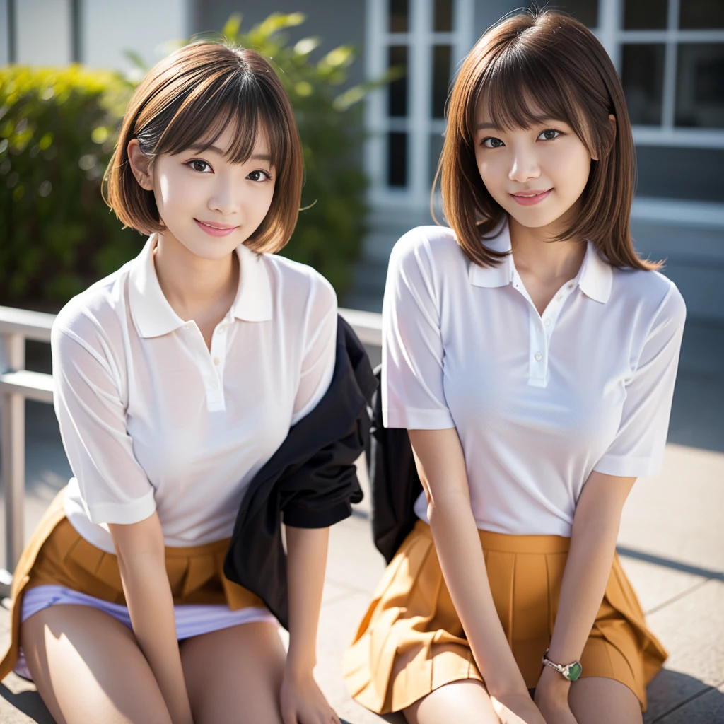 ((office)),  lewd smile、(Realistic、Realistic:1.37)、(masterpiece)、(Highest quality:1.4)、(超A high resolution:1.2)、(RAW Photos:1.2)、(Sharp focus:1.3)、(stand:1.2)、elegant、(Whole Body Ezbian:1.2)、(Girl wearing a polo shirt and skirt:1.3)、bangs、((Blonde)), Very cute Japanese girl、(A faint smile:1.3)、(Makes hair shine:1.3)、Short pleated skirt、Shooting from below、Beautiful and delicate eyes、 View your audience、Shooting from an up-angle、Secretly photographing underwear under a skirt、White panties:1.8
