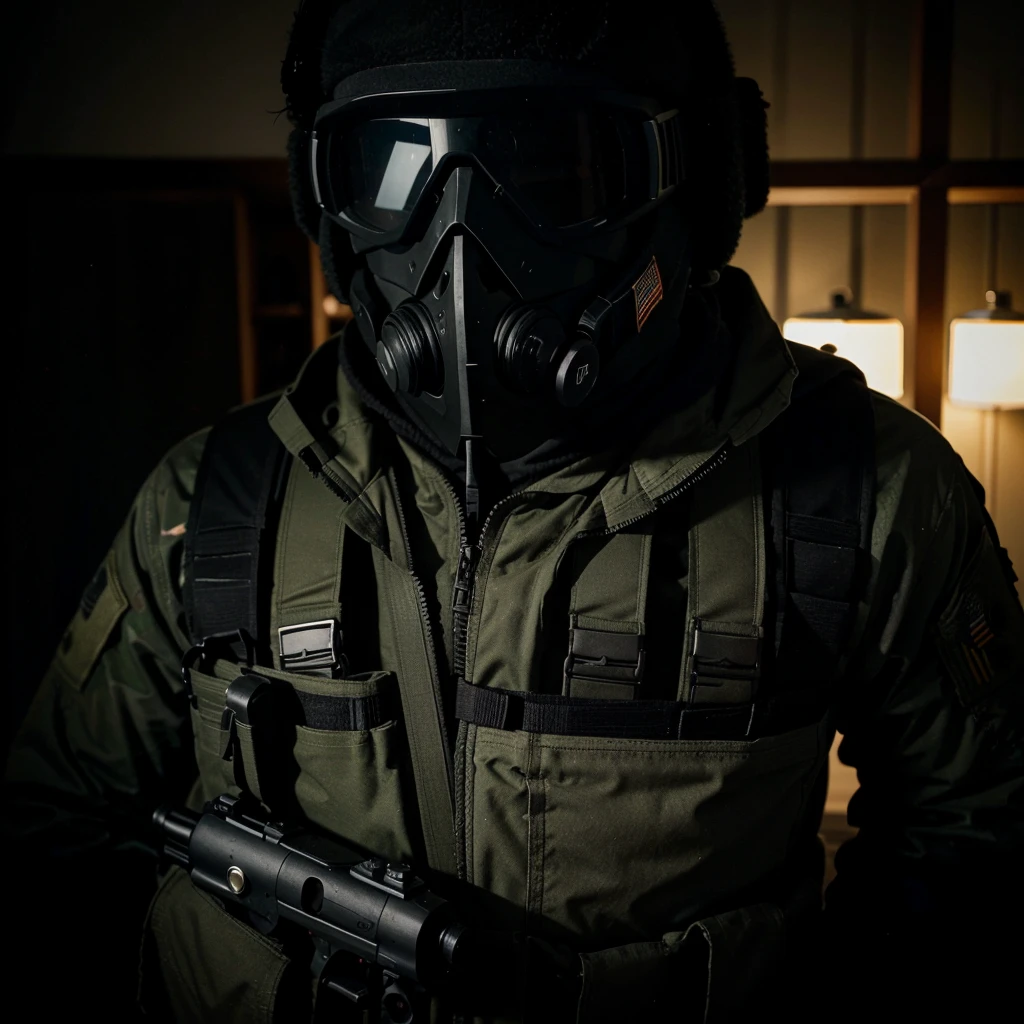 An American special forces soldier, with his face completely covered by a skull mask, he is wearing night vision goggles, and holding a gun, full body, Black