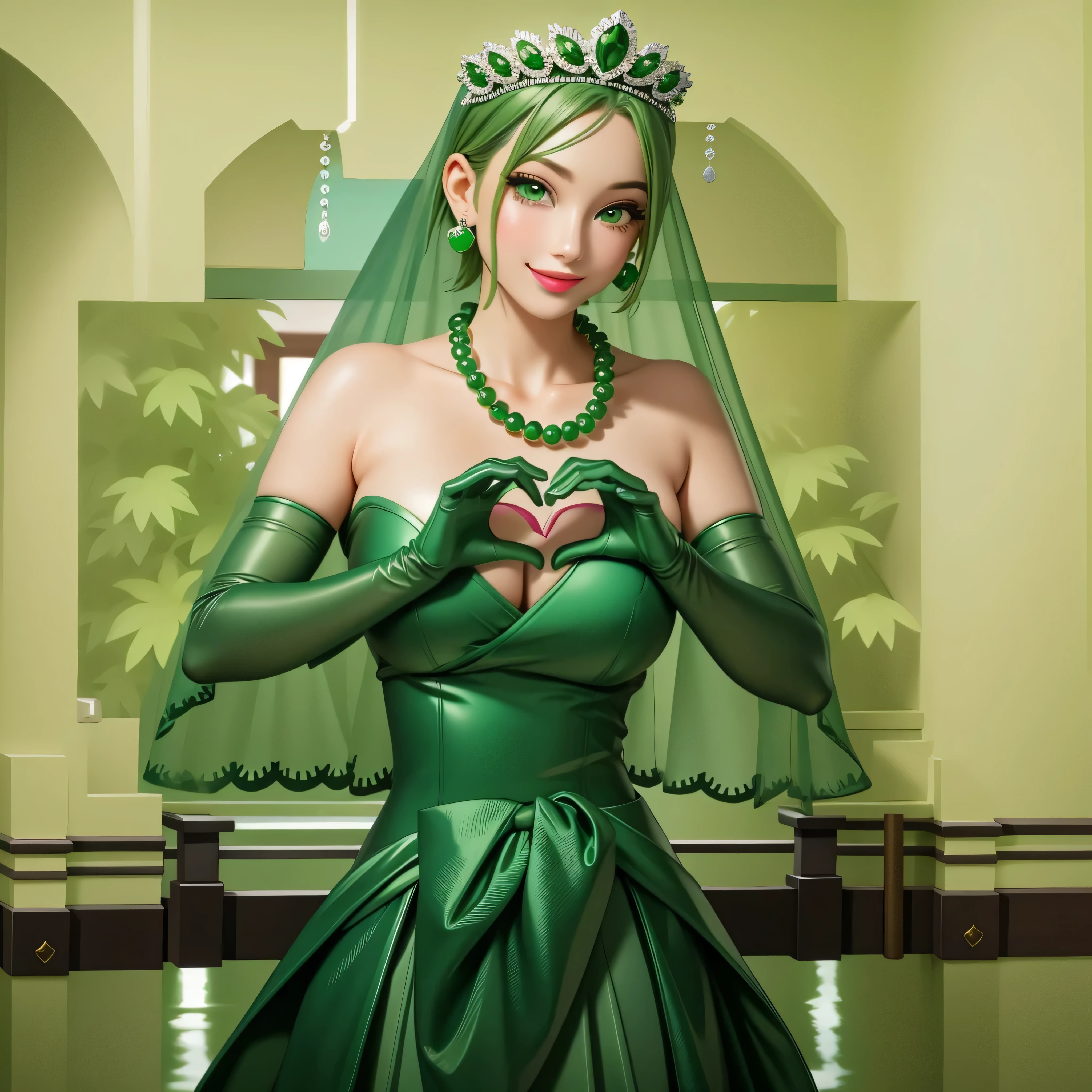 emerald tiara, Green Pearl Necklace, Boyish very short green hair, Green Lips, Smiling Japanese woman, Very short hair, Busty beautiful lady, Green Eyes, Green satin long gloves, Green Eyes, Emerald Earrings, Green veil, Heart with both hands, Green Hair, Beautiful Japanese Woman, Heart shaped hands:1.3, green lip gloss