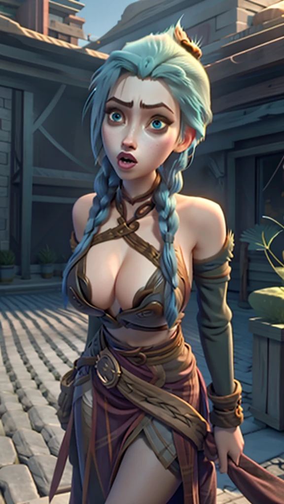 Jinx with giant breasts on display, open clothing, expression pleasure