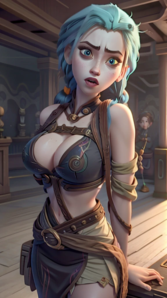 Jinx with giant breasts on display, open clothing, expression pleasure