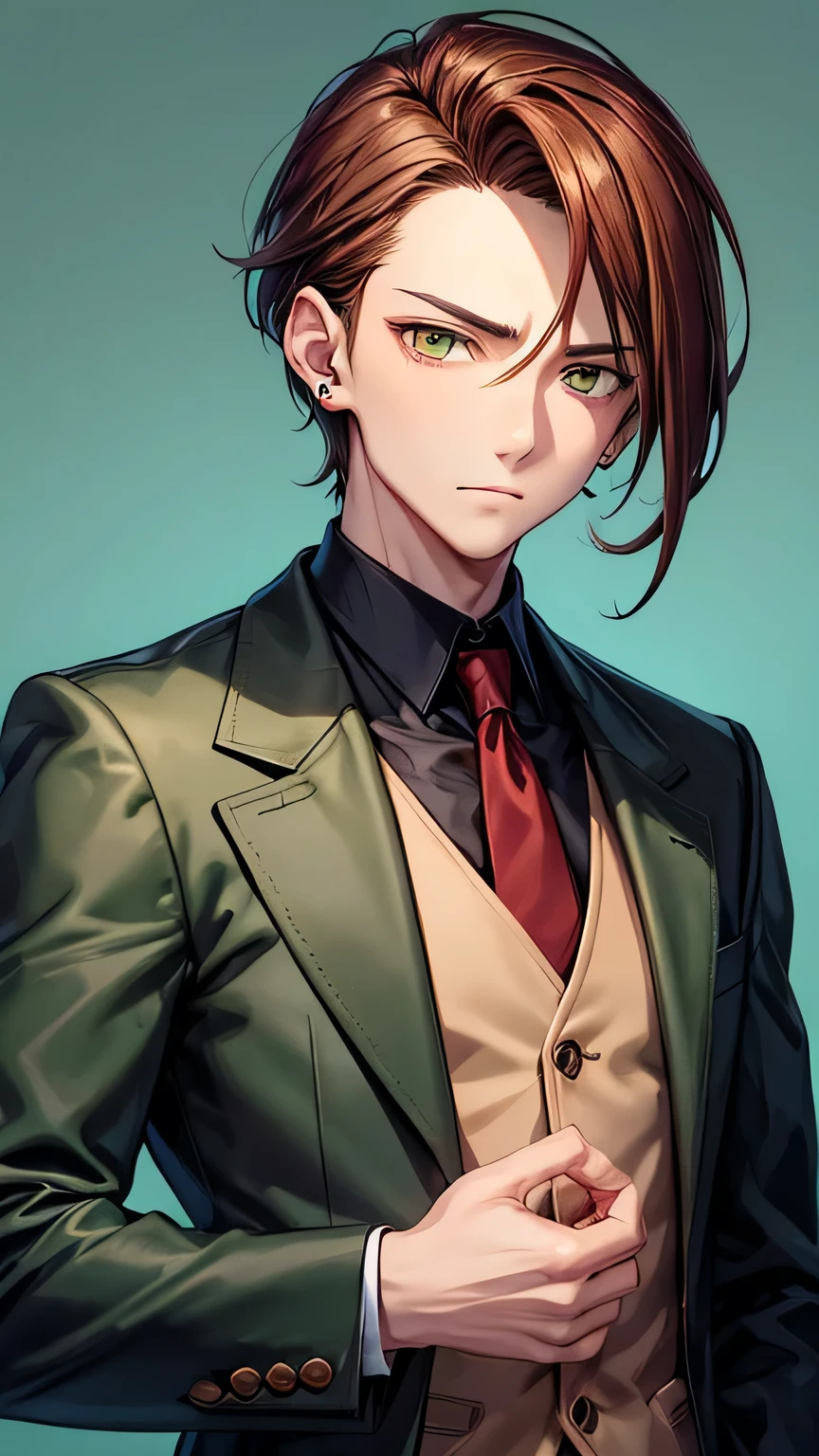 Man tie and term dark green colors, red tie, brown hair, small gold earring right ear, outlined black, anime, golden eyes, cold look, expression would be
