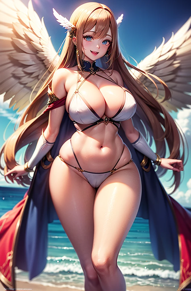最high quality, high quality, 8K、High resolution,Highest quality、solo、胸に翼のある白いビキニ姿のtallのadult female angel、Very beautiful proportions、belly button、Thighs、tall、Adult woman in a white bikini, Archangel Style、super Wild Angel, A happy open-mouthed smile、Thighs、Naturally Shaped Fingers、Long neck、from the front、Looking at each other, our eyes met、belly button、Blonde hair and blue eyes、Majestic Angel, Anime Goddess, Wild Angel, thick, Beautiful and attractive anime woman, Huge and stunning goddess shots, Angel Adult Woman, adult female angel, She has angel wings on her back,Highly detailed goddess shot