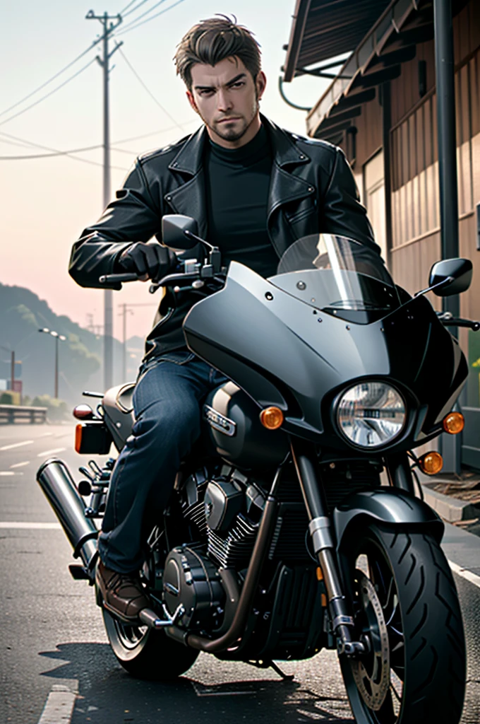 ((ultra detailed, masterpiece, best quality))
REVChris, 1boy, solo, short hair, Posing by a classic motorcycle, clad in rugged biker attire, with an adventurous spirit,beefy body