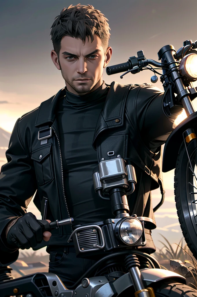 ((ultra detailed, masterpiece, best quality))
 REVChris, 1boy, solo, short hair, Posing by a classic motorcycle, clad in rugged biker attire, with an adventurous spirit,beefy body