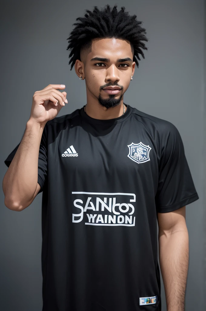 kyan wearing a Santos shirt is a black guy on the side with waves in his hair, Nose piercing and goatee wearing a Corinthians shirt in cartoon