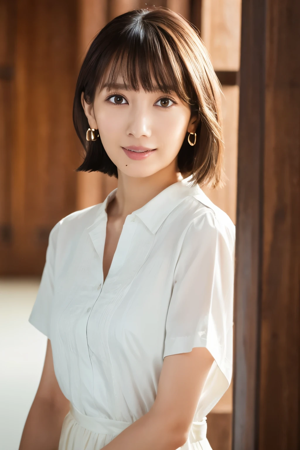 (8k, RAW photos, top quality, masterpiece: 1.2), ultra detailed, super resolution, (real photos: 1.37), portraits, high definition RAW color photos, professional photos, official art, highly detailed CG Unity 8k wallpapers, beautiful Japanese woman, {30|40} years old, highly detailed faces, Highly detailed eyes, highly detailed skin, Highly detailed nose, Highly detailed mouth, Perfect anatomy, Highly detailed background, Highly detailed clothing, One Girl, housewife, realistic body, white skin, radiant skin, slender body, very thin waist, handsome body, brown hair, {short|long} hair, (blunt bangs:1.2), cute face, slight smile, Realistic Face, White shirt, Earrings, Camera Gaze, Cowboy Shot, Standing Figure, Dynamic Lighting,