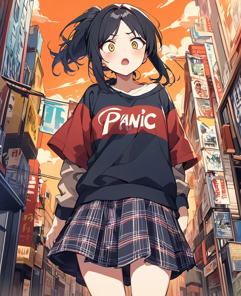 One Woman、Black Hair、Hairstyle、ponytail、Yellow Eyes、Slanted Eyes、whole body、Tsundere、Casual clothing、panic、Building district、Ultra-precise and accurate