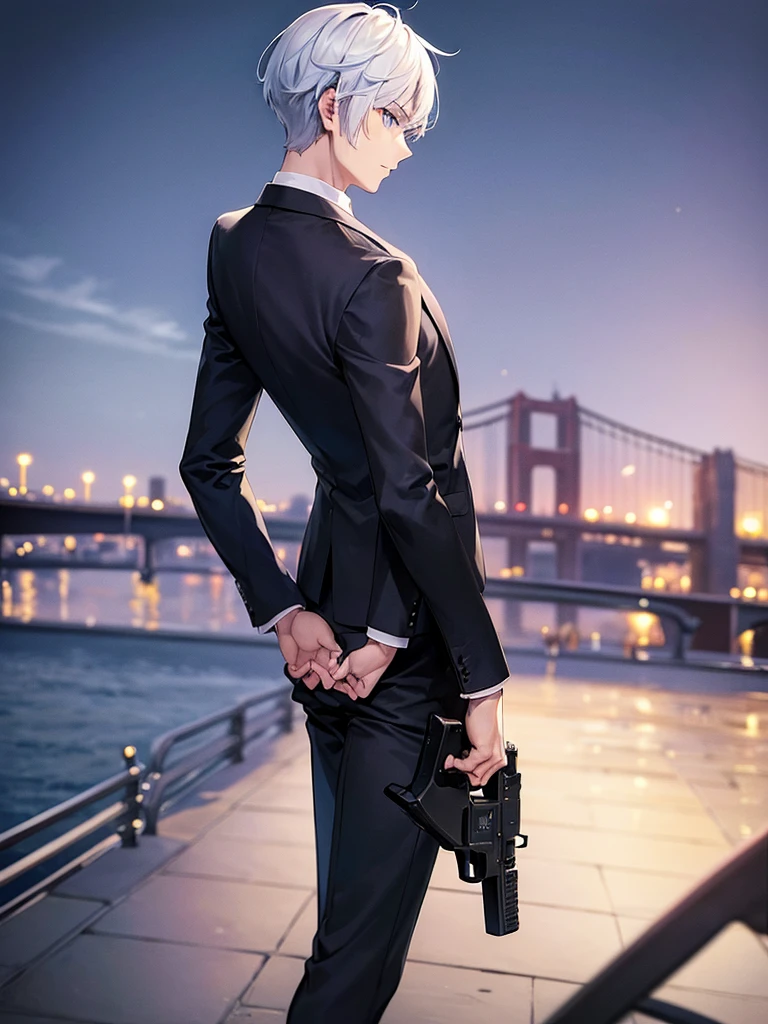 A man, his back turned, alone, white hair, blue eyes, short hair, wearing a black suit, night view of the bridge, holding a gun.