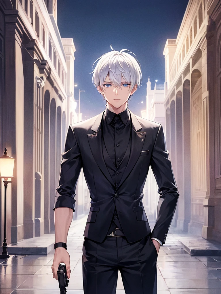 A man, his back turned, alone, white hair, blue eyes, short hair, wearing a black suit, night view of the bridge, holding a gun.