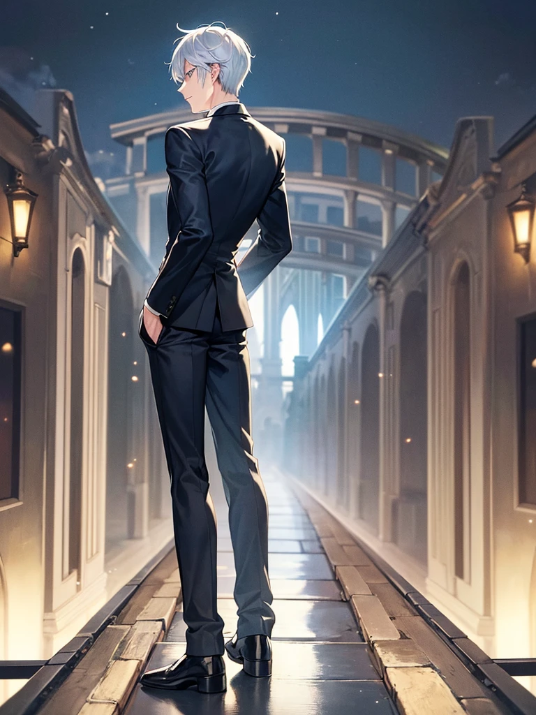 A man, his back turned, alone, white hair, blue eyes, short hair, wearing a black suit, night view of the bridge, holding a gun.