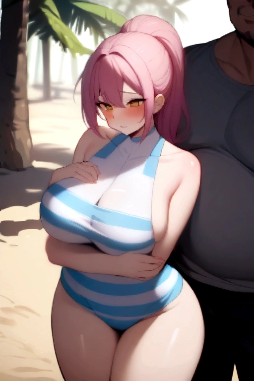 Masterpiece, Best Quality, 1 girl, long pink hair with ponytail, gold eyes, Beach clothes, blush, hentai. showing chest, highly strung, sexy, big breasts,short swimsuit,next to 2 adult man with a big fat body touching.