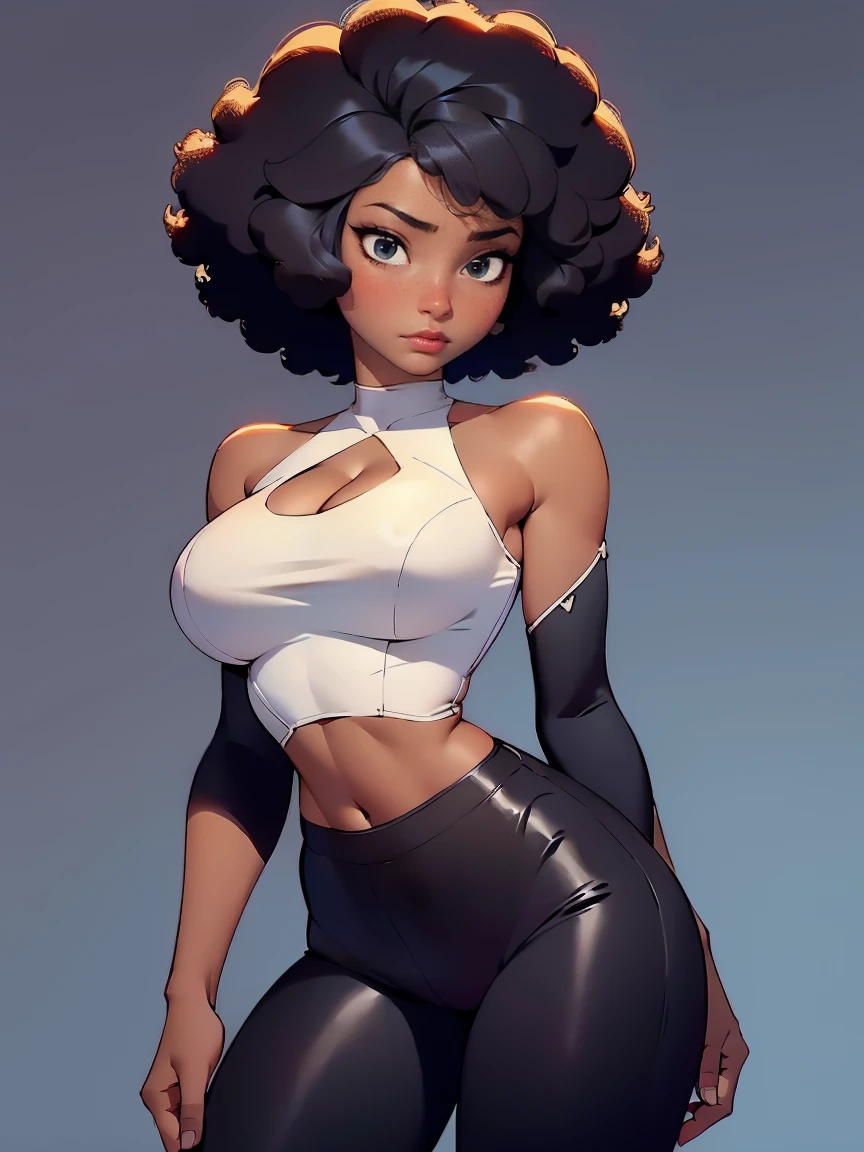 afro american girl, dark skin, behind view, afro haircut, 1 girl, solo, (black pants) (top, cleavage), sleveless, medium bust, wide hips