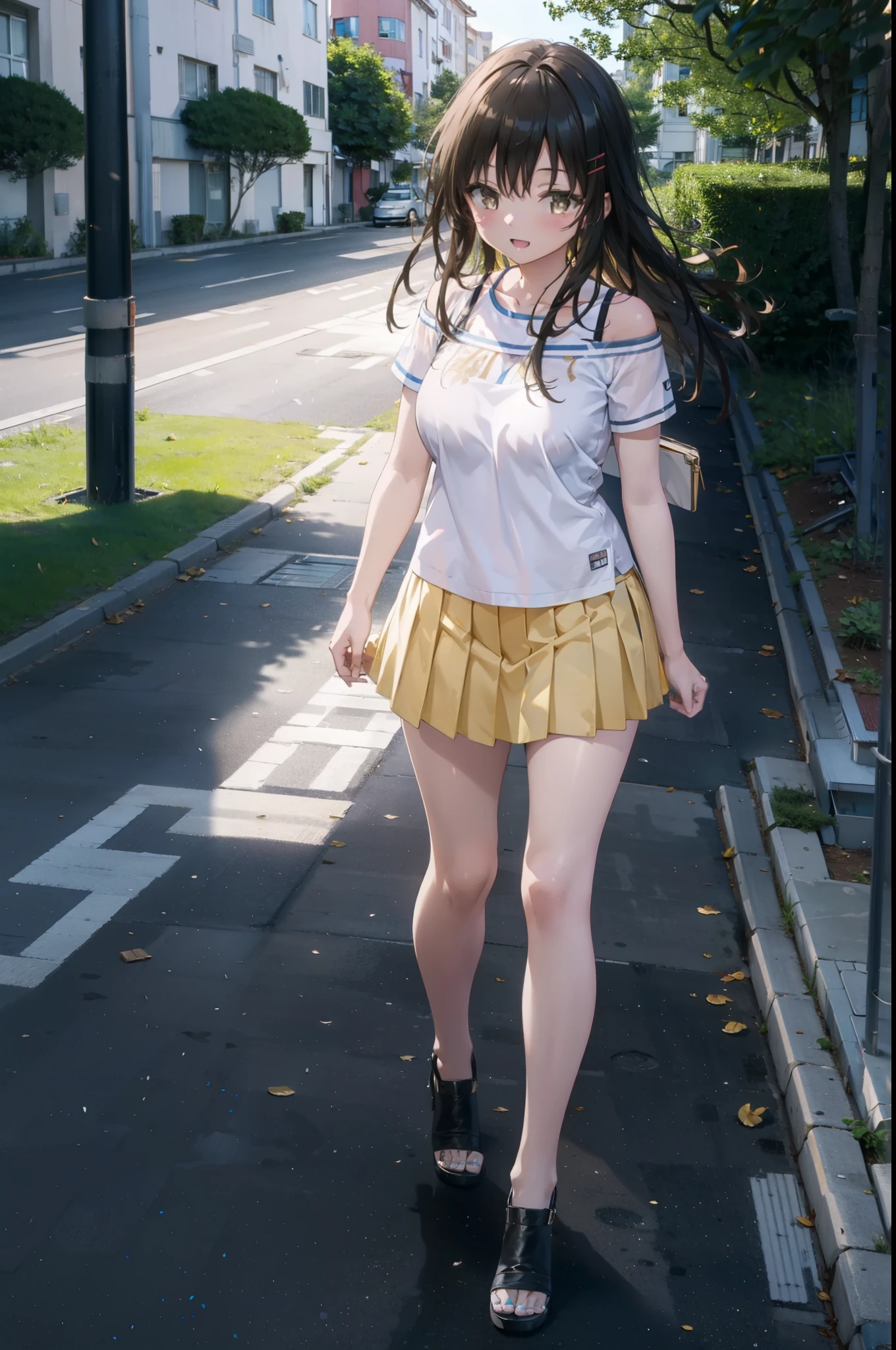 Yuikotegawa, yui kotegawa, Black Hair, (Brown eyes:1.5), Long Hair,Big Breasts,happy smile, smile, Open your mouth,Glasses,Cold shoulder tops,Short sleeve,mini skirt,Stiletto heels,Walking,morning,morning陽,The sun is rising,whole bodyがイラストに入るように,
break outdoors, School,school gate,
break looking at viewer, whole body,
break (masterpiece:1.2), Highest quality, High resolution, unity 8k wallpaper, (figure:0.8), (Beautiful attention to detail:1.6), Highly detailed face, Perfect lighting, Highly detailed CG, (Perfect hands, Perfect Anatomy),