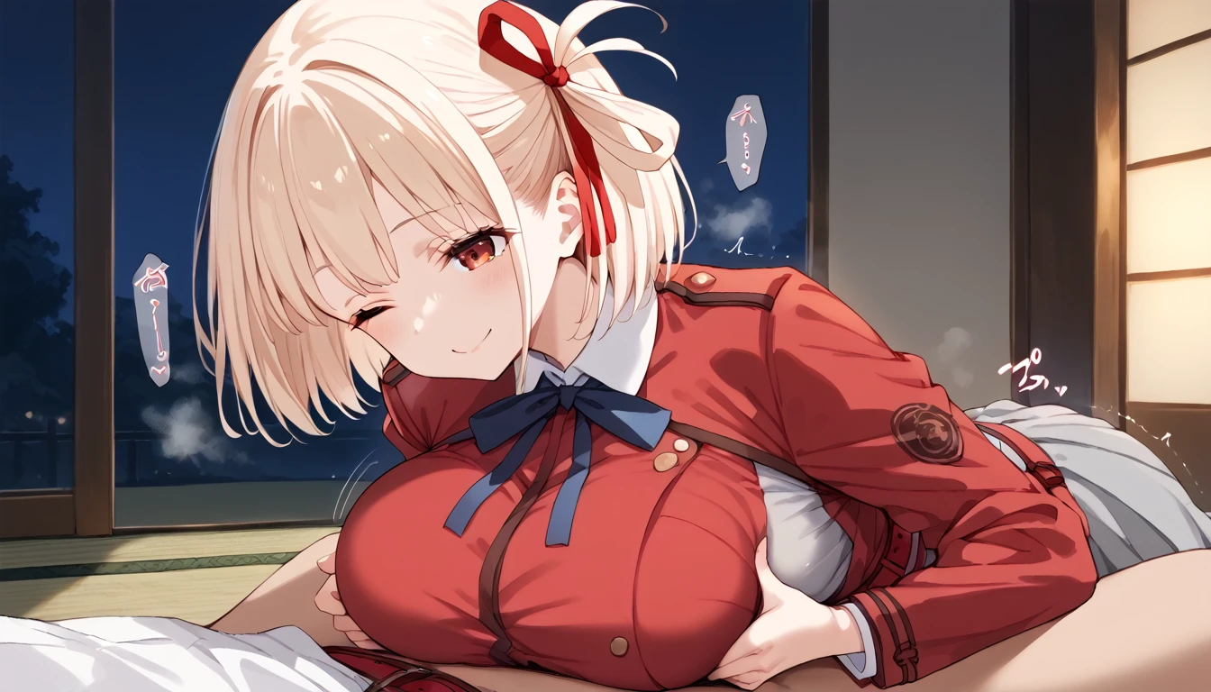 score_9, score_8_up, score_7_up, source_anime,1girls,chisato nishikigi, short hair, bangs, blonde hair, red eyes, hair ribbon, one side up, bob cut, smile, shirt, long sleeves, dress, ribbon, white shirt, collared shirt, belt, neck ribbon, (red dress), blue ribbon, pleated dress, grey dress, two-tone dress, red belt, lycoris uniform, large breasts, half updo, japanese style room, tatami, futon, night, 1boy, paizuri, , facial, one eye closed, seductive smile, steam, sound effects, uncensored, motion lines, motion blur, trembling