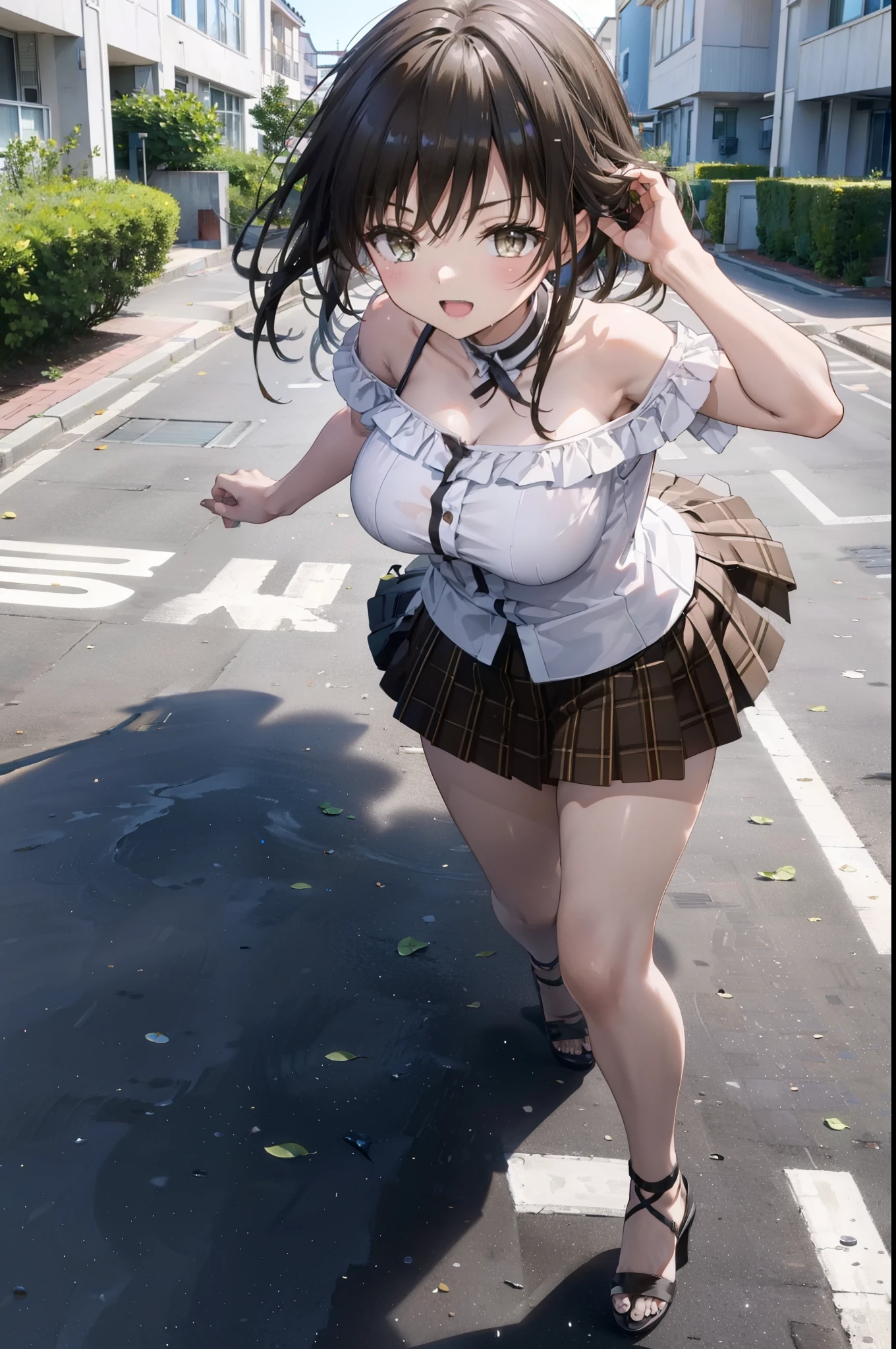 Yuikotegawa, yui kotegawa, Black Hair, (Brown eyes:1.5), Long Hair,Big Breasts,happy smile, smile, Open your mouth,Glasses,Cold shoulder tops,Short sleeve,mini skirt,Stiletto heels,Walking,morning,morning陽,The sun is rising,whole bodyがイラストに入るように,
break outdoors, School,school gate,
break looking at viewer, whole body,
break (masterpiece:1.2), Highest quality, High resolution, unity 8k wallpaper, (figure:0.8), (Beautiful attention to detail:1.6), Highly detailed face, Perfect lighting, Highly detailed CG, (Perfect hands, Perfect Anatomy),