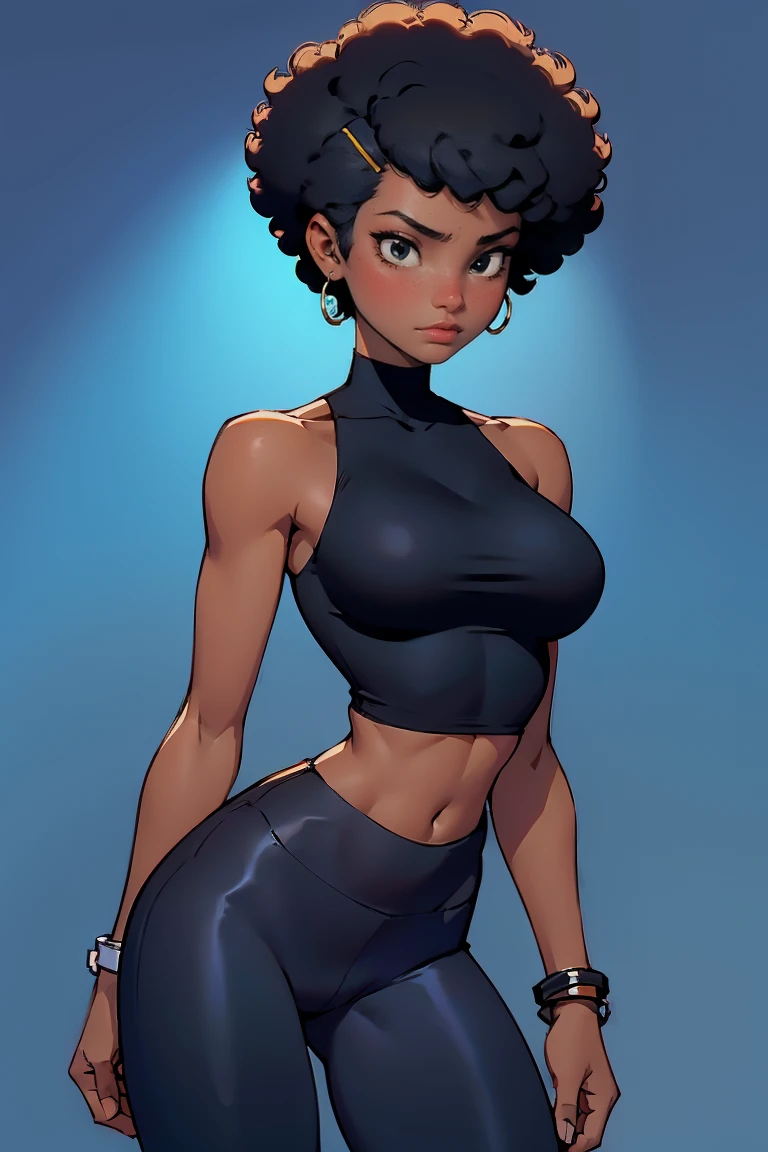 afro american girl, dark skin, behind view, afro haircut, 1 girl, solo, (black leggins) (crop tank top low neckline), sleveless, medium perky , wide hips
