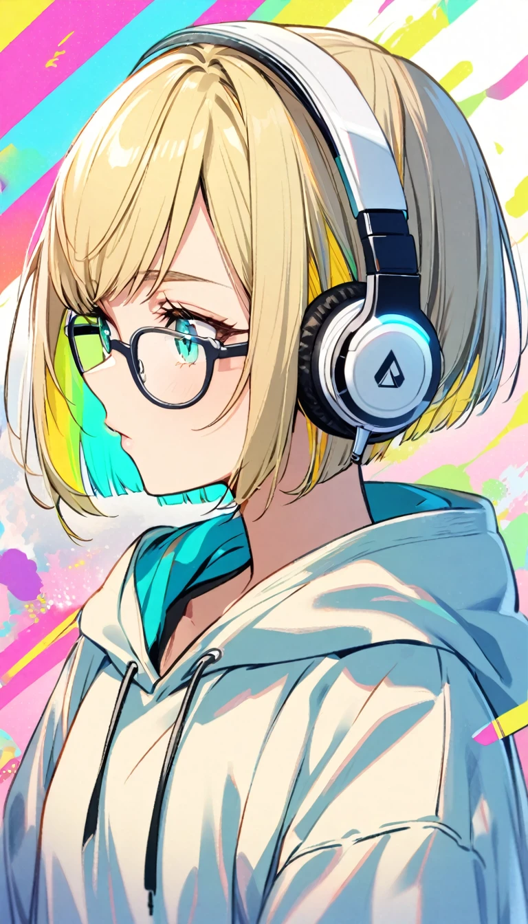 1girl, boyish, facial profile, wearing glasses, aqua eyes, blond hair, short hair, colorful inner hair, headphone, hoodie