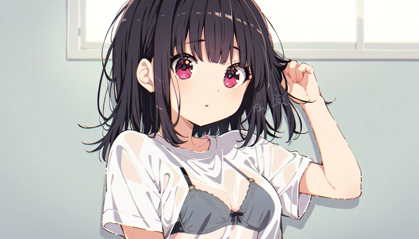 A girl with short black hair and a bra showing through the gap in her T-shirt