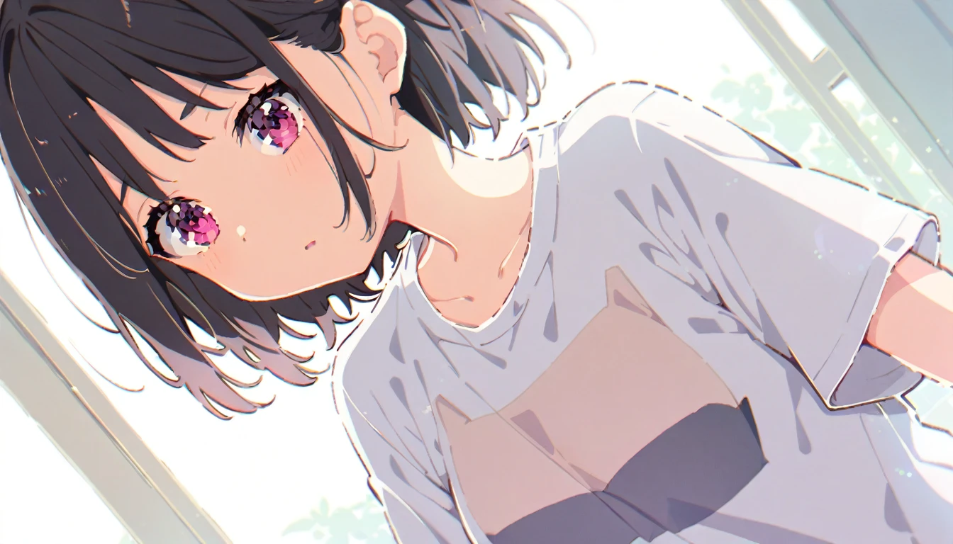 A girl with short black hair and a bra showing through the gap in her T-shirt
