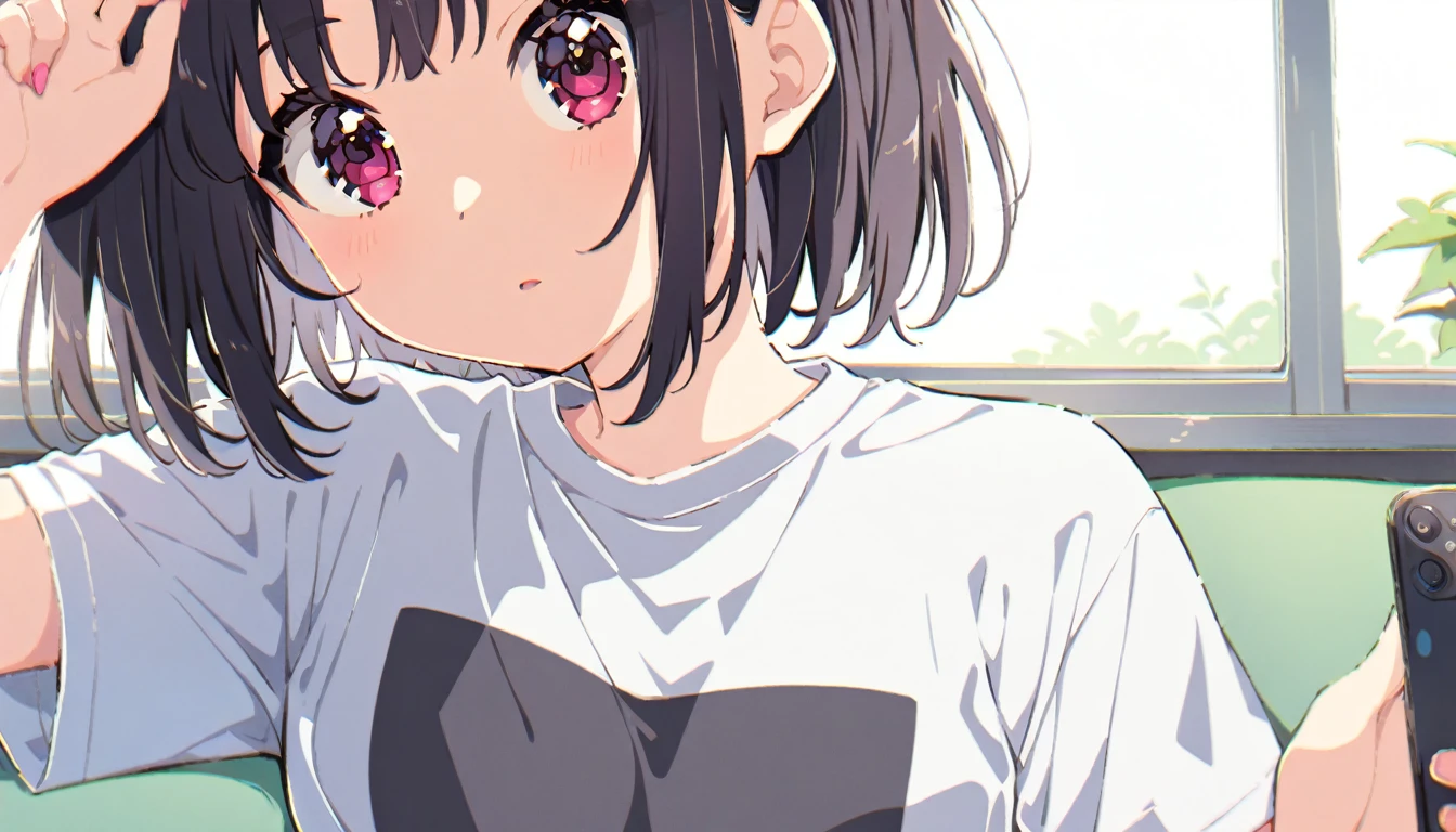 A girl with short black hair and a bra showing through the gap in her T-shirt