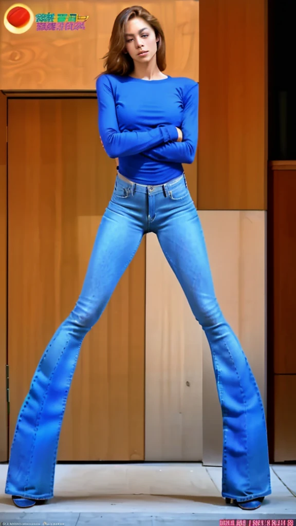 Orange and Indigo Keynote Speech、Vibrant colors、((​masterpiece)))、(((top-quality)))、((ultra-detailliert))、(A hyper-realistic)、(highly detailed CGillustration）、The most beautiful wild sensual european woman, ((challenging pose)), (Wide flares on tight denim jeans:1.5), Heels,(slim woman:1.5), (slim thighs and thigh gap: 1.5), slim hips and groin showing, (tight and long tshirt:1.5), (open legs), (full body:1.9), Official art、CD cover、urbane、City Pop、It will be、Mid summer、Stylish、glorious 1980s、Cool Beauty,  Female Solo、Perfect Angle、perfect-composition
