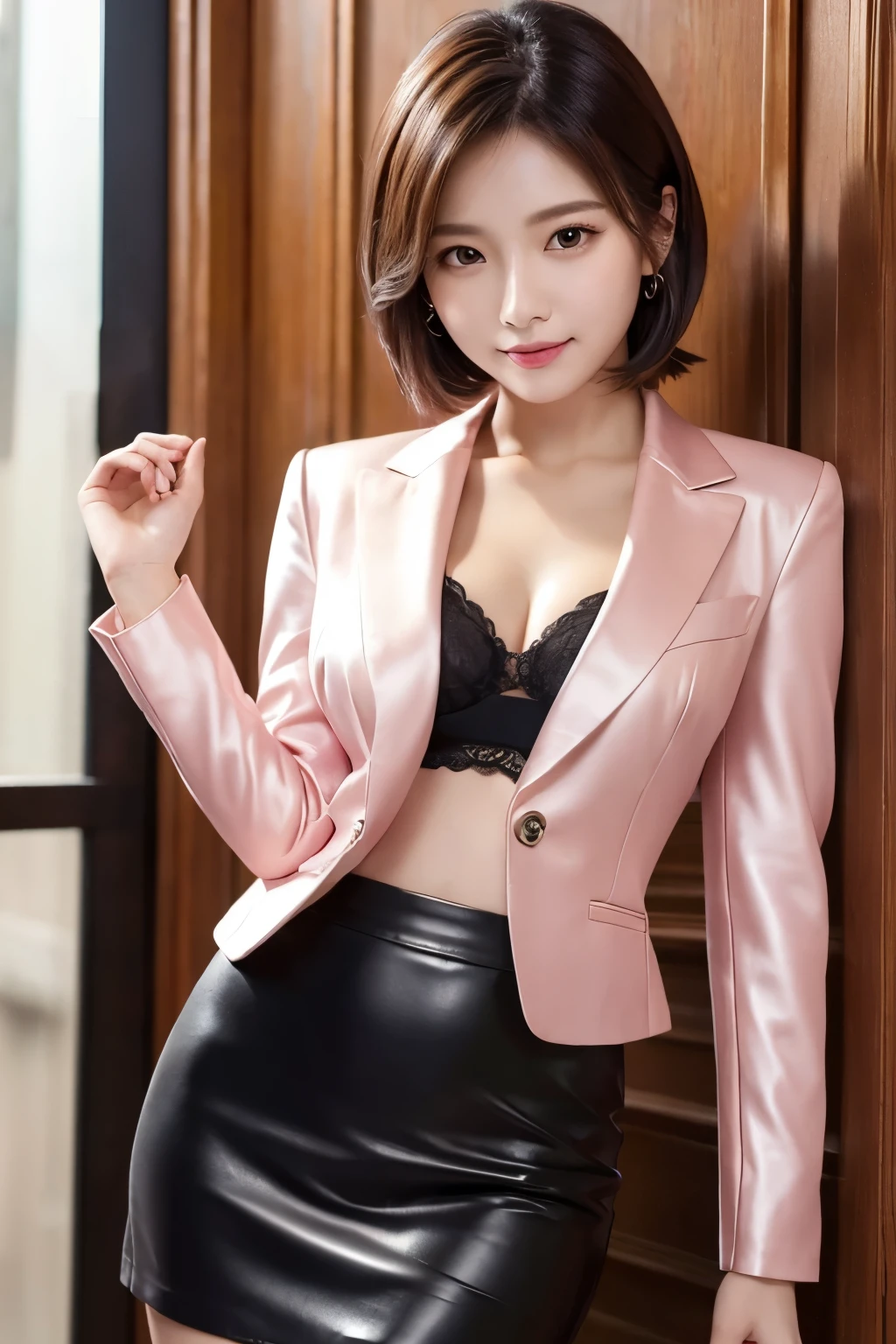 masterpiece、Highest quality、High resolution、Realistic、Beautiful Skin、Ultra slim style、Super small breasts、short hair、Full Body Shot、formal,pink、Silk business suit、Leather Tight Skirt、Realistic fabric texture, (Detailed clothing features)、