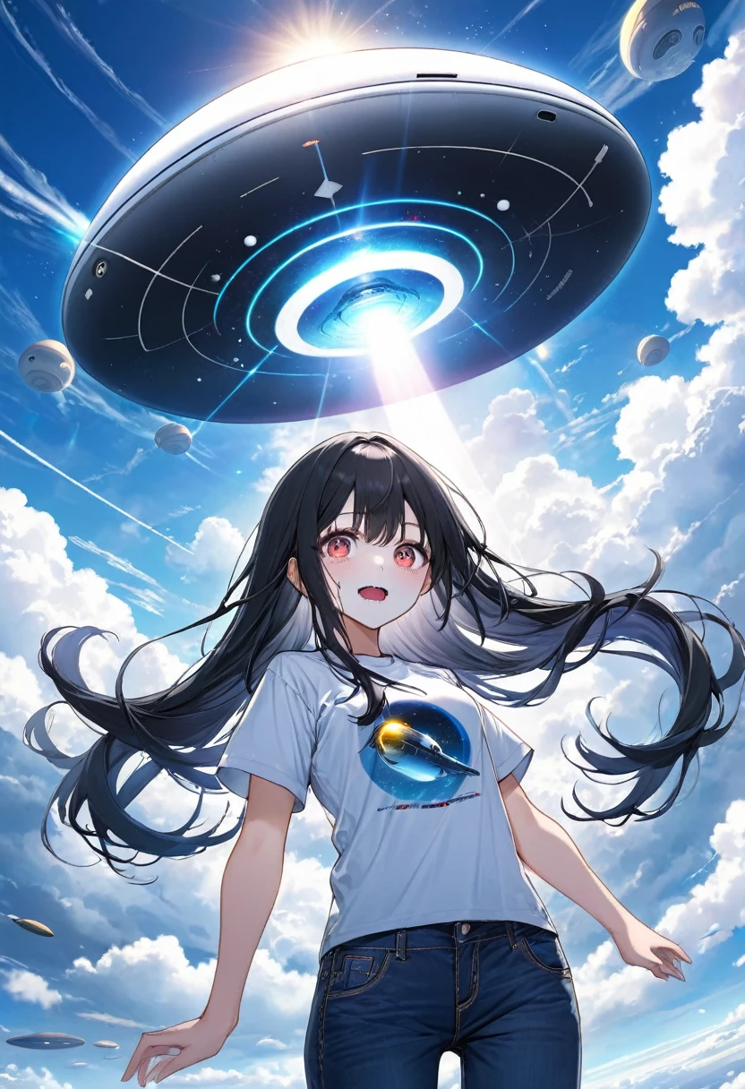 Black long hair、Twin-tailed Girl、T-shirt and jeans、Scary face、A large unidentified flying object (UFO) is flying、Spaceman、A shining light from the UFO、blue sky、White cloud