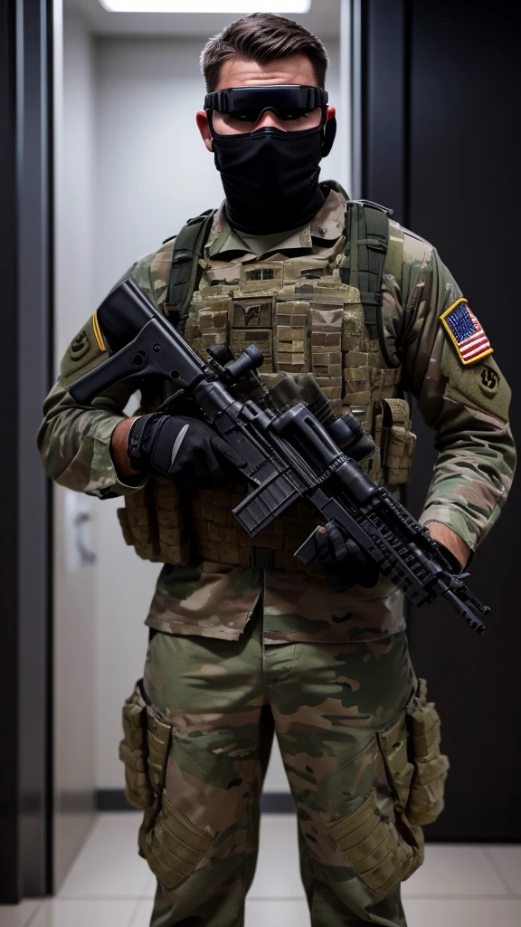 An American special forces soldier, with his face completely covered by a skull mask, he is wearing night vision goggles, and holding a gun, full body, Black
