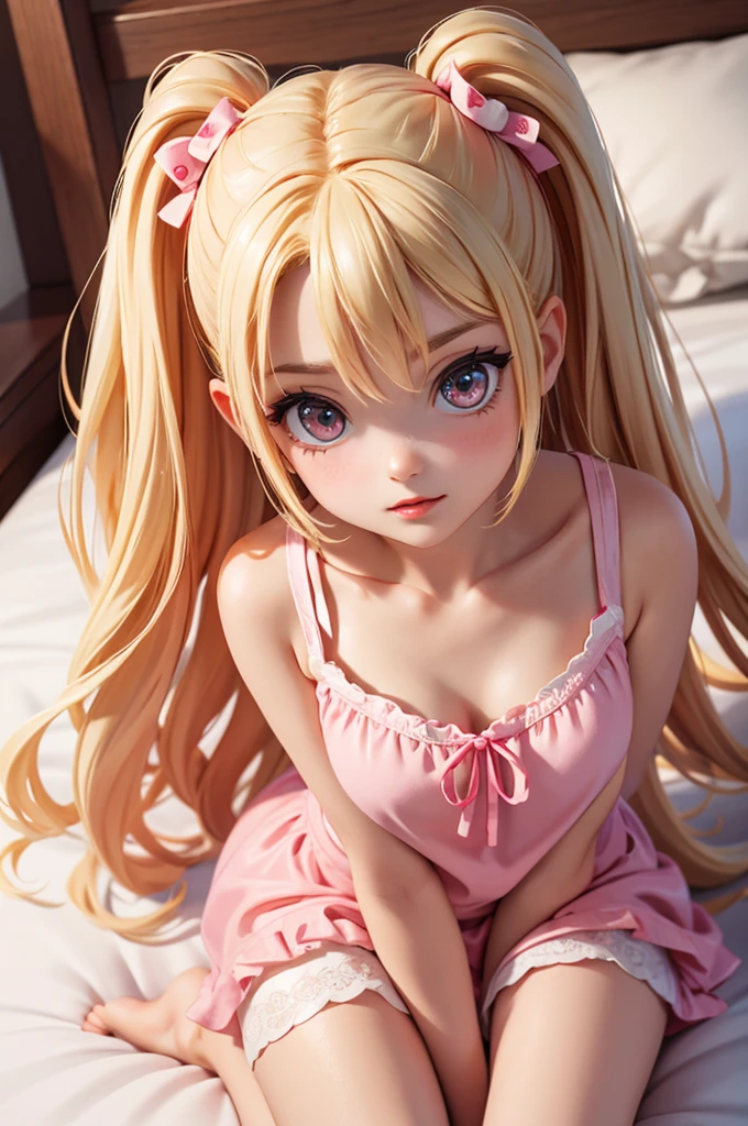 hyperrealistic 14 year old american teen, blonde, perfect tiny body, sexy, dark makeup, perfect slim face, big red lips, very cute face, tiny body, big eyes, young looking, childish looking, pijama, two ponytails