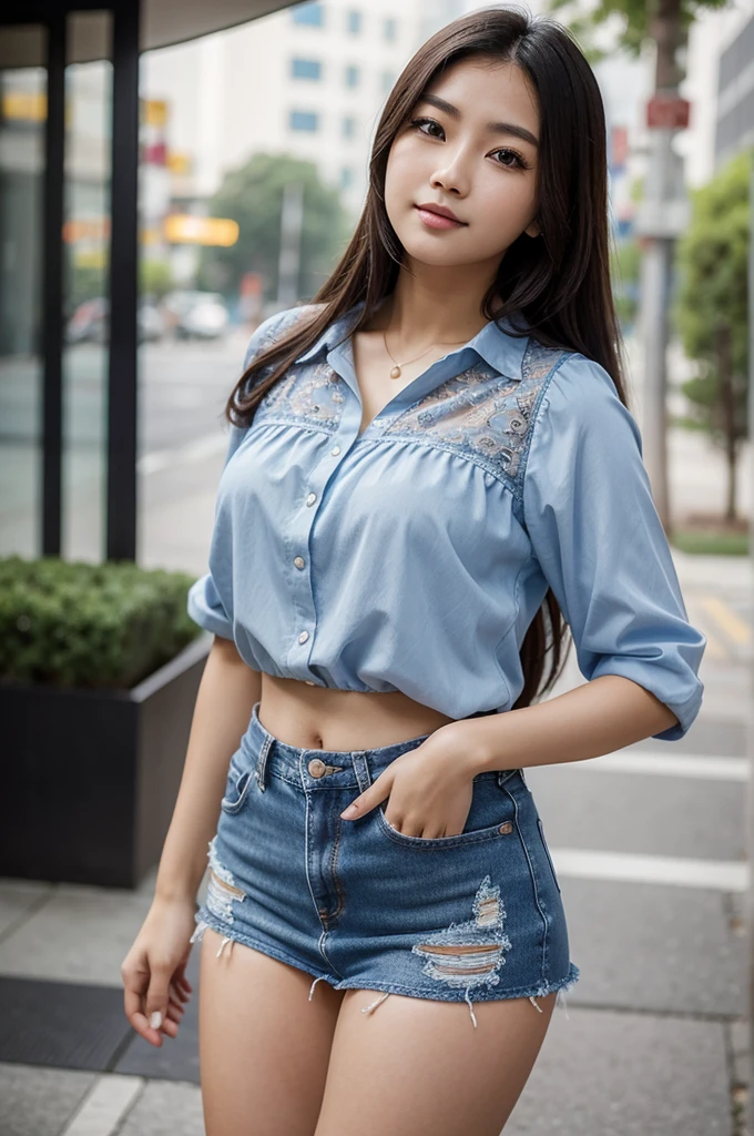 Beautiful Asian women and hot, Blue lace blouse、Mini denim skirt、Perfect body, compensate, whole body, 最high quality, high quality, Extremely detailed photos, Eye for detail, masterpiece, 16K, 8K, 4K, High resolution, UHigh resolution, Beautiful views, Beautiful woman, pose for a photo, Looks excited, Depth of written boundary, Bokeh, close,mpts Kim Joo's surreal close-up photo copy, masterpiece, 最high quality, (Realistic:1.4), whole body, (Blue Casual Bohemian Floral Blouse Shirt V-neck Long Puff Sleeve Lightweight Chiffon:1.2), (Blue mini skirt:1.1), Heel, Shadows of the Night, Cinematic Light, Beautiful Asian Woman, skinny, Brown long hair, Detailed face, smile, To the camera, Photo taken from a distance, Large Breasts, outside