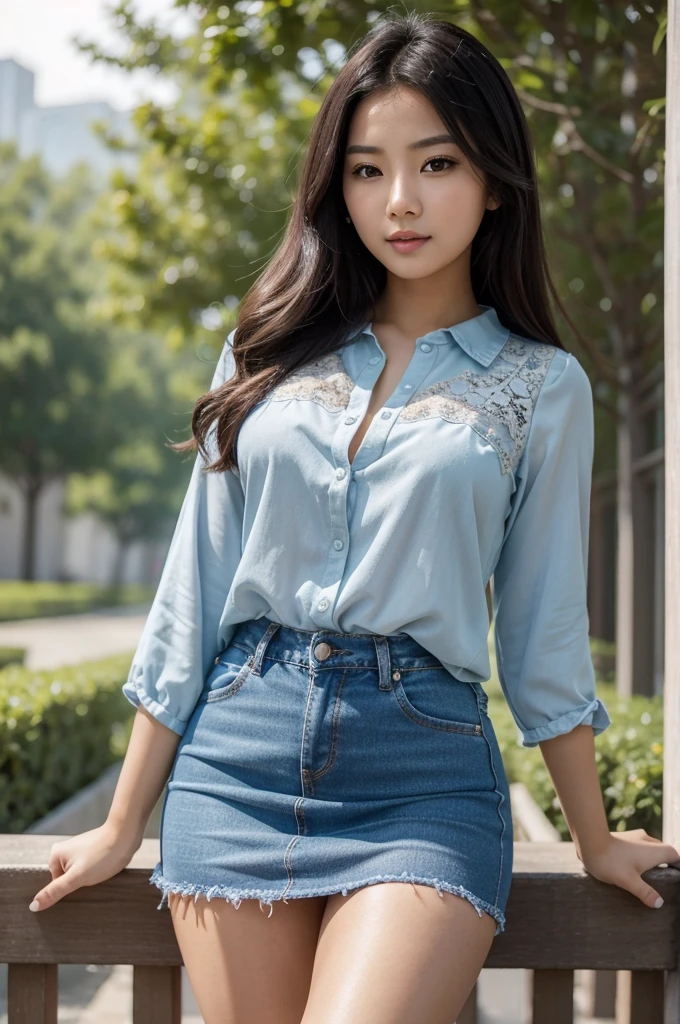 Beautiful Asian women and hot, Blue lace blouse、Mini denim skirt、Perfect body, compensate, whole body, 最high quality, high quality, Extremely detailed photos, Eye for detail, masterpiece, 16K, 8K, 4K, High resolution, UHigh resolution, Beautiful views, Beautiful woman, pose for a photo, Looks excited, Depth of written boundary, Bokeh, close,mpts Kim Joo's surreal close-up photo copy, masterpiece, 最high quality, (Realistic:1.4), whole body, (Blue Casual Bohemian Floral Blouse Shirt V-neck Long Sleeve Lightweight Chiffon:1.2), (Blue mini skirt:1.1), Heel, Shadows of the Night, Cinematic Light, Beautiful Asian Woman, skinny, Brown long hair, Detailed face, smile, To the camera, Photo taken from a distance, Large Breatside