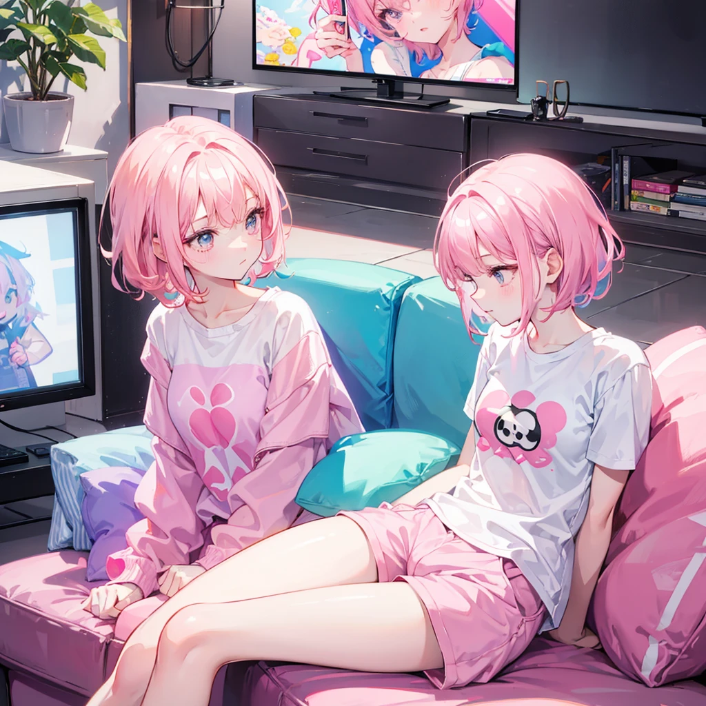 Disney Pixar style, cute girl with short pink hair with bangs, wearing white shirt and pink shorts, looking away, sitting on the sofa, tv, top view, realistc, 8k