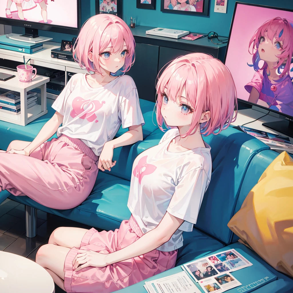 Disney Pixar style, cute girl with short pink hair with bangs, wearing white shirt and pink shorts, looking away, sitting on the sofa, tv, top view, realistc, 8k