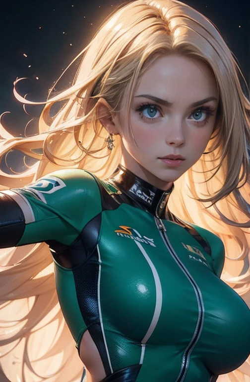 a detailed masterpiece portrait of a beautiful blonde woman with green eyes wearing a racing suit, extremely detailed face and figure, long hair, photorealistic, professional lighting, vibrant colors, cinematic composition, big breast, sensual Perfect body 