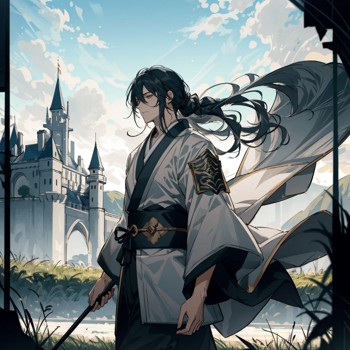 make a young and strong fighter, He is muscular and has long hair and wears a kimono with ripped sleeves., he will be walking through a grassy terrain with a castle in the background, and the strong wind blowing, he walks in front of us