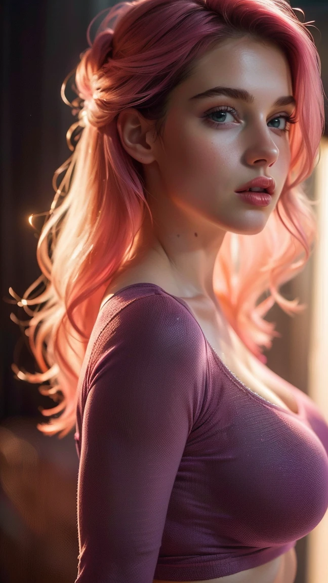 (((Ultrarealistic))) uploads, masterpiece, top quality, (pale skin), (ultra detailed face and eyes:1.2), 1 girl, adult, ((in a too small size tight lingerie)), strapless bra, ((very strong eye make-up, pink mascara)), ((artificial, Detailed Lips)), ((Pink wavy hair)), ((Stylish hairstyle)) , (({enormous|huge|large|huge|mega|fake} pushed up breasts)), (very narrow waist). ((very large décolleté)), uploads-Shooting, (soft) Enlightenment, (The play of light and shadow), depth of field, bokeh, (Special attention to skin details: 1.2), (besonderes Augenmerk auf enormouse Brustgröße: 1.2), (((special attention to extra tight clothing sizes: 1.2))), detailed texture, Hautporen, Oily skin. (Erotic atmosphere of the frame. Color Palette - Purple, Pink, metric tons), dr, ((film grain)), ((Rays)), (glare), ((upper body)) , extremely detail,