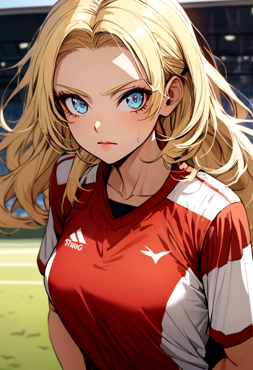 strong blonde girl is athlete with blue eyes in football clothes on the field
