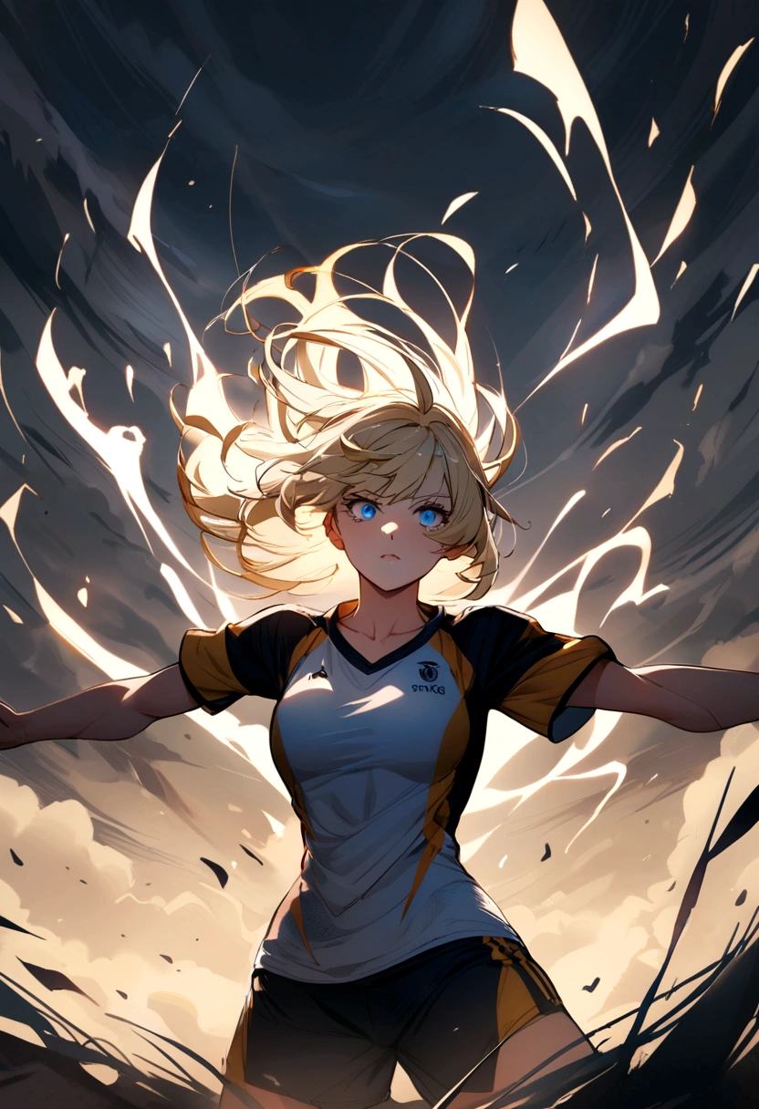 strong blonde girl is athlete with blue eyes in football clothes on the field