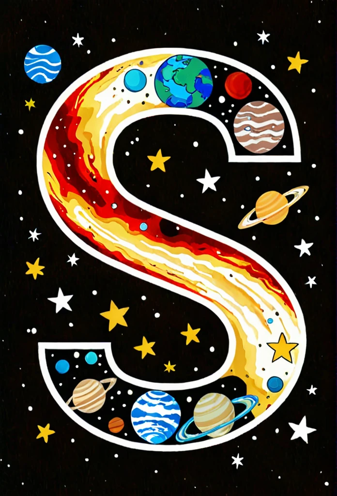 A galaxy with many planets and stars with the letter S and the letter D