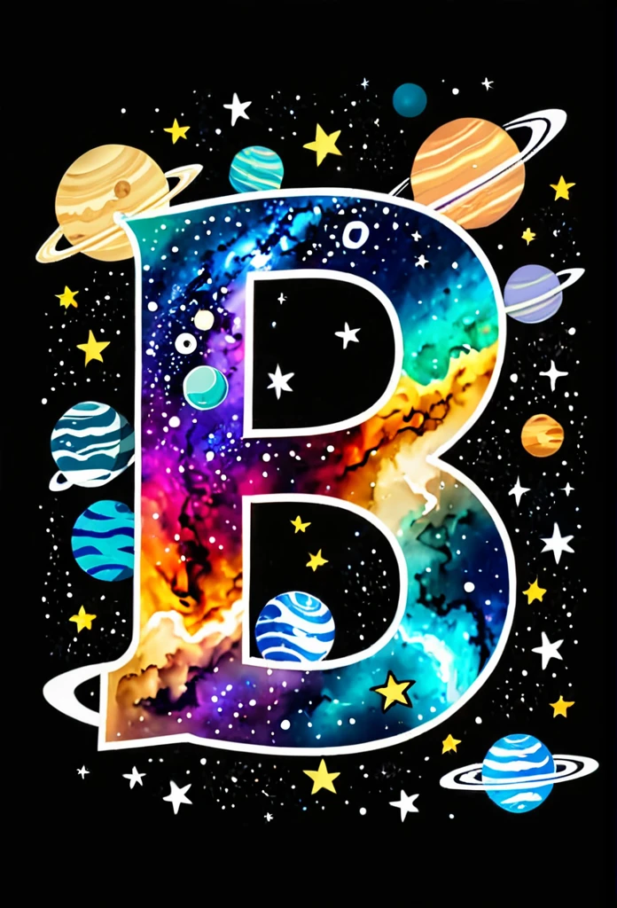 A galaxy with many planets and stars with the letter S and the letter D