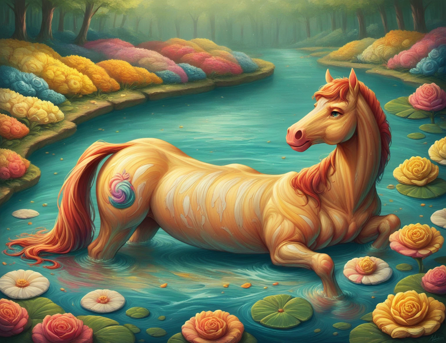 Realistic oil painting of Two inclined cylindrical horses with metopes of horses with riders, with small colorful flowers ,blue, bars, yellow and white,submerged in a crystalline pond, reflective ce wine red and yellow nuances. With a gradient towards light in a nuanced and thin light blue tone, very beautiful