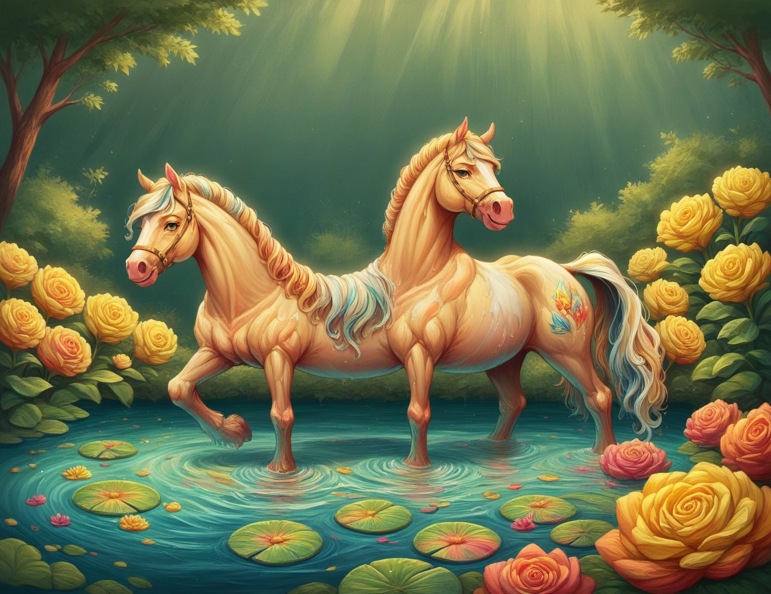 Realistic oil painting of Two inclined cylindrical horses with metopes of horses with riders, with small colorful flowers ,blue, bars, yellow and white,submerged in a crystalline pond, reflective ce wine red and yellow nuances. With a gradient towards light in a nuanced and thin light blue tone, very beautiful