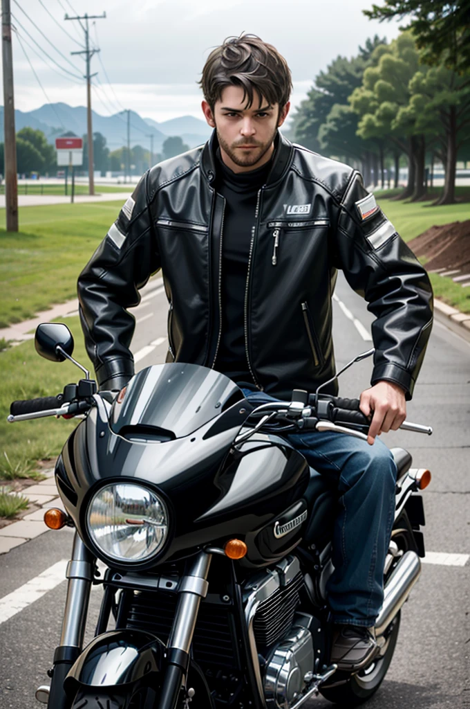 ((ultra detailed, masterpiece, best quality))
 REVChris, 1boy, solo, short hair, Posing by a classic motorcycle, clad in rugged biker attire, with an adventurous spirit,