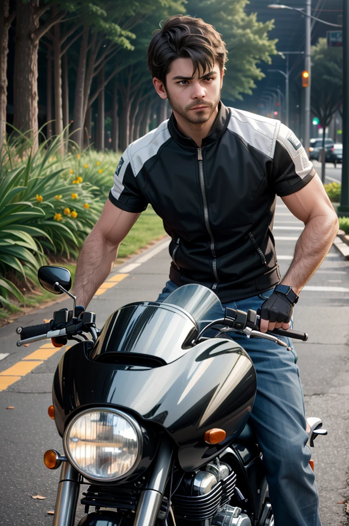 ((ultra detailed, masterpiece, best quality))
REVChris, 1boy, solo, short hair, Posing by a classic motorcycle, clad in rugged biker attire, with an adventurous spirit,