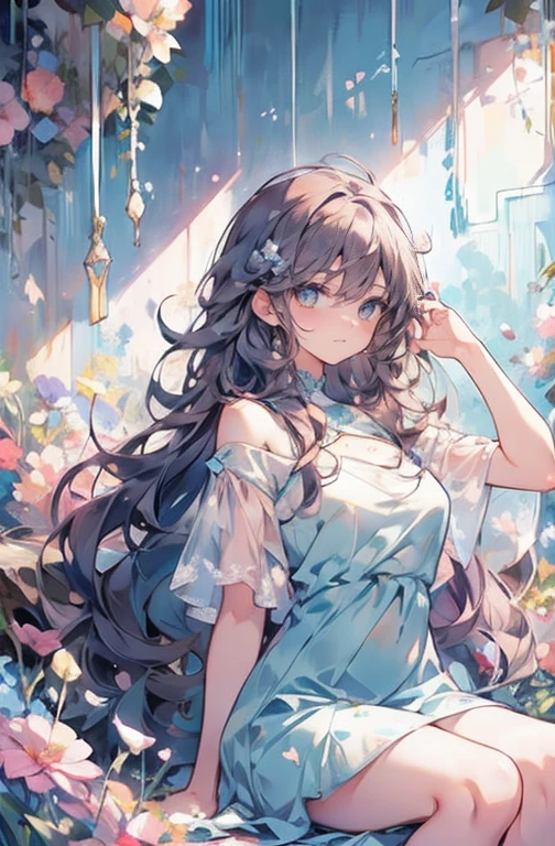 アニメ, long and curly brown hair, blue colored eyes, hands on face, sitting down, surrounded by flowers, fund (minimalistic, pastel colours, Start), digitl art, work of art, ultra detaild, best qualityer, wall-paper, wide breasts, sexly