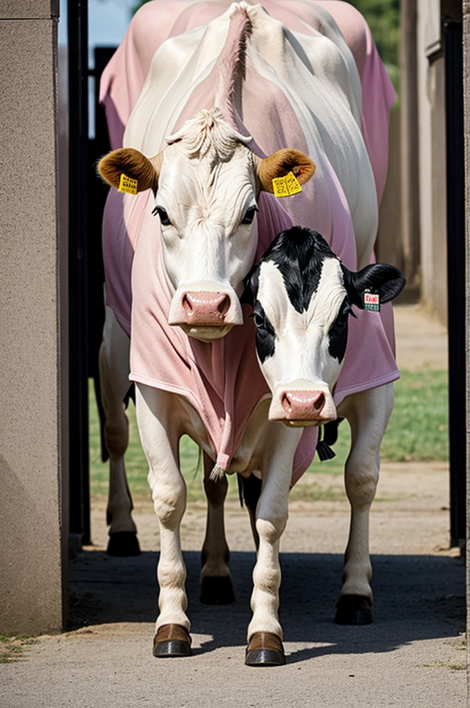 A cow in a pink dress at a funeral