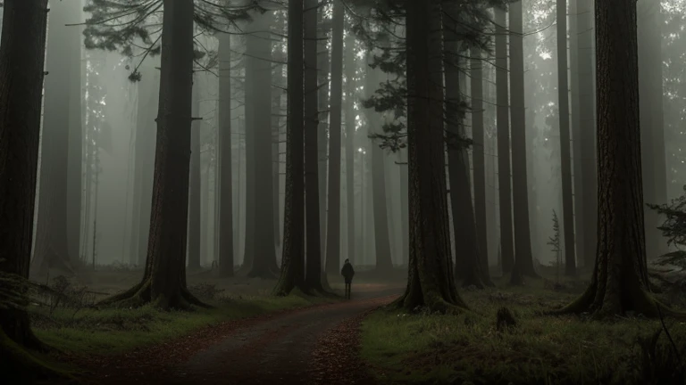 a mysterious foggy forest with giant trees, two people talking in the darkness, detailed portraits, oil painting, photorealistic, dramatic lighting, moody atmosphere, rich colors, cinematic composition, award winning digital art