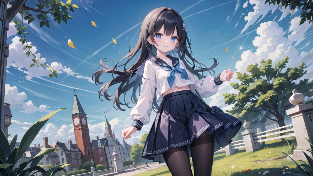 (masterpiece),  town,  blue sky,  One Girl,  smile,  alone,  Jumper skirt、Sailor suit、  Overgrown,  petal,  plant、Skirt lining、Translucent slip、nostalgic、Black Pantyhose