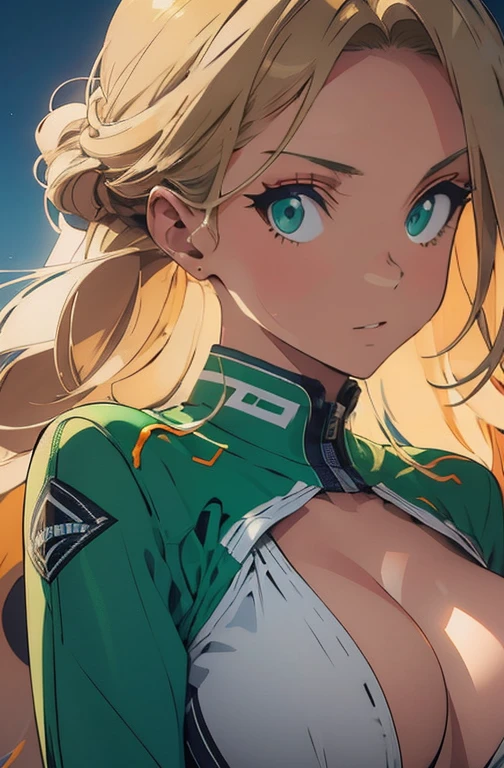 a detailed masterpiece portrait of a beautiful blonde woman with green eyes wearing a racing suit, extremely detailed face and figure, long hair, photorealistic, professional lighting, vibrant colors, cinematic composition, big breast, sensual Perfect body 